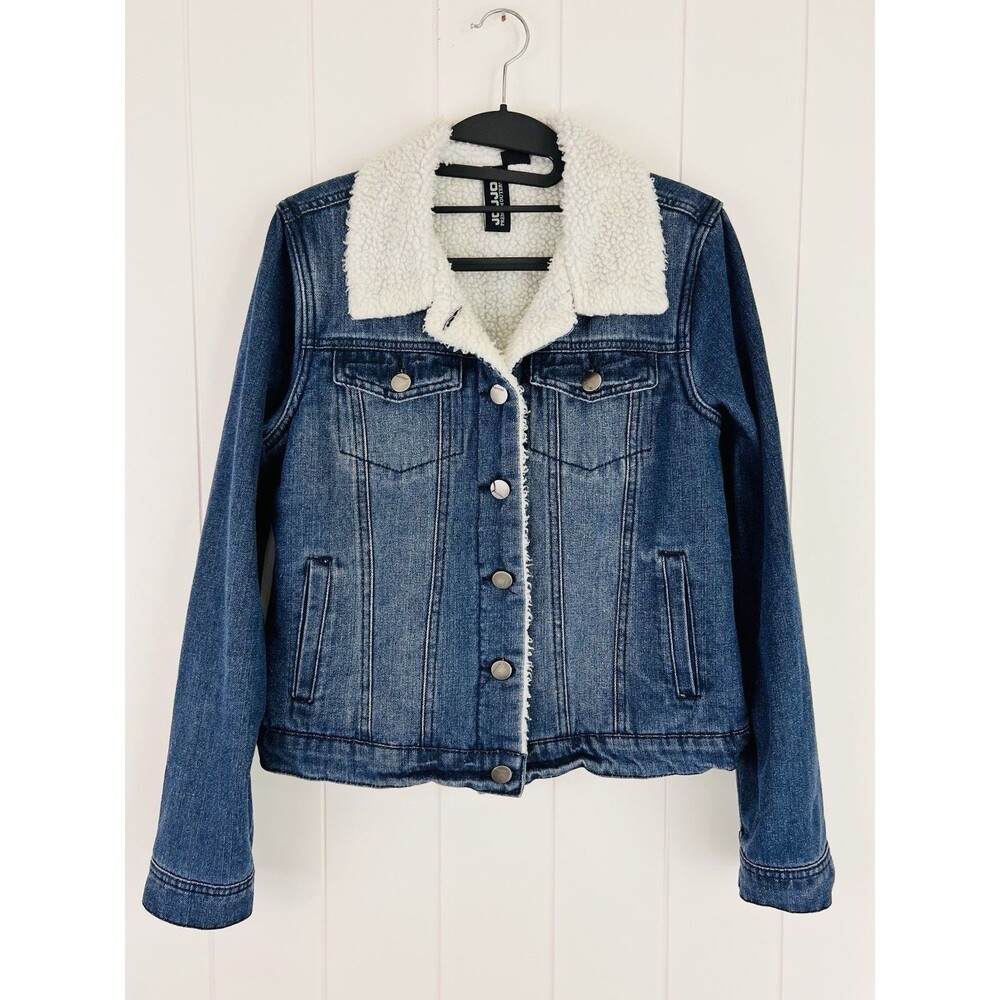 JouJou Blue Denim Fleece Lined Cropped Jean Jacket Y2K Size Medium - Picture 1 of 9